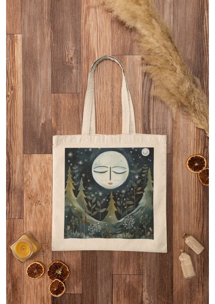Büyülü Ormanda Ay Tote Çantası - Cottagecore Tote Çantalar, Estetik, Peri Çekirdeği, Sevimli Tote Çanta Koleksiyonu modelleri
