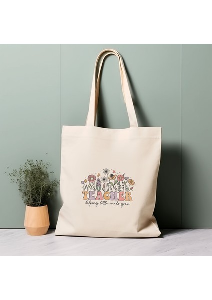 Öğretmen Hediye Çantası, %100 Pamuklu Tote Çanta, Çiçekli Öğretmen, Çevre Dostu Estetik Alışveriş Çantası, Ömür Boyu Çanta