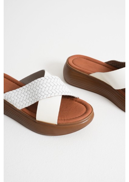 Fayn Beyaz Hakiki Deri Terlik