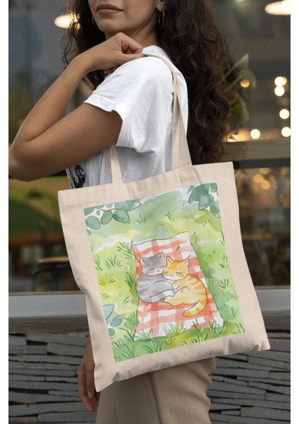 Güneşte Sevimli Kediler Tote Çantası - Sevimli Tote Çantalar, En Iyi Tote Çantalar, Kitap Çantası, Alışveriş Çantası, Estetik Tote Çantalar modelleri