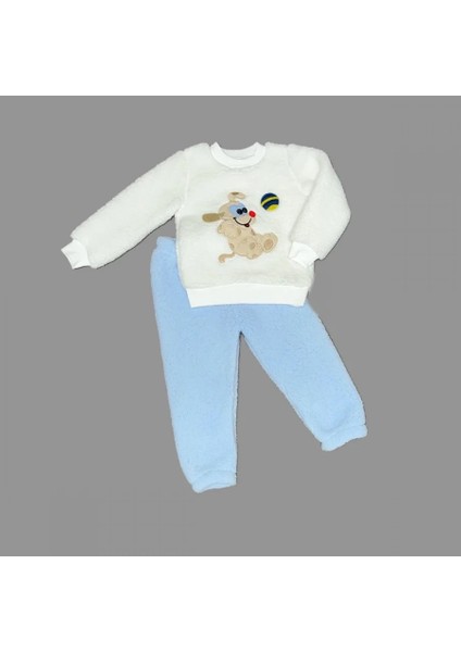 1-2-3 Yaş Toplu Köpek Nakışlı Kuzu Kumaş Sweat Pantolonlu Uzun Kollu Kız Erkek Bebek Takımı Mavi