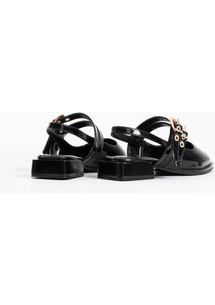 Blues Siyah Rugan Kemer Detaylı Kadın Topuklu Ayakkabı