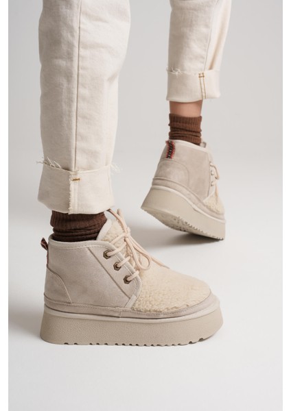 Loana Kadın Kürklü Bej Kışlık Kalın Tabanlı Bot