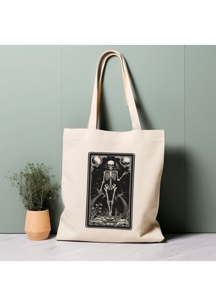 %100 Pamuklu Tote Çanta, Tarot Kartı Iskeleti. Çevre Dostu, Estetik Alışveriş Çantası, Ömür Boyu Kullanabileceğiniz Çanta.