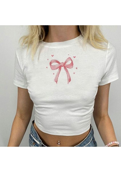 Coquette Fiyonklu Estetik Bebek Tişörtü Kırpılmış Üst - Pinterest Estetik Giyim, Şirin Dar Kesim Kırpılmış Üst, Özel Bebek Tişörtü Y2K, Y2K Bebek Tişörtü