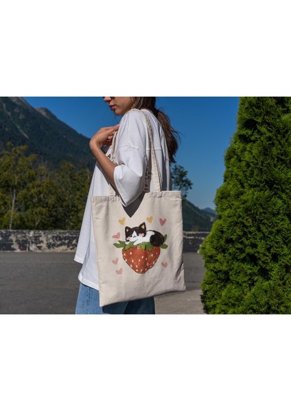 Çilek Kedi Kalpleri Tote Çanta - Sevimli Tote Çanta, Kedi Tote Çanta, Estetik Tote Çanta, Estetik Tote Çanta, Kitap Çantası, Kanvas Çanta