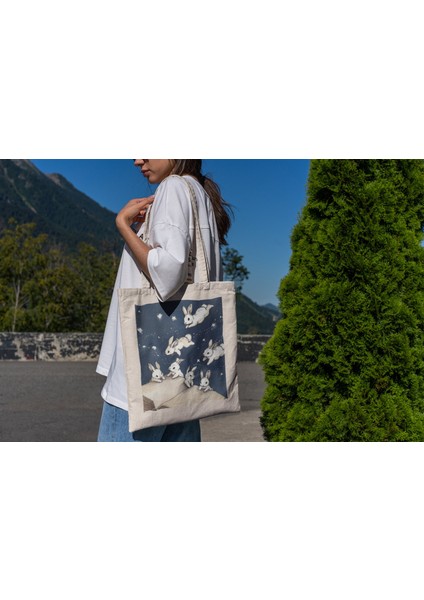 Büyülü Kitap Tavşanları Tote Çantası - Cottagecore, Sevimli Tote Çanta, Sevimli Tavşanlar, Komik Tavşanlar, Tavşan Özü, Tavşan Tote Çantası, Sevimli Hayvan Tote Çantası