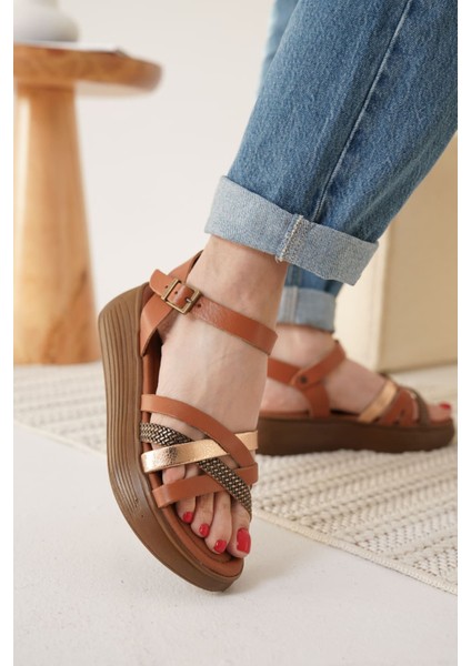 Herry Taba Altın Detaylı Hakiki Deri Sandalet