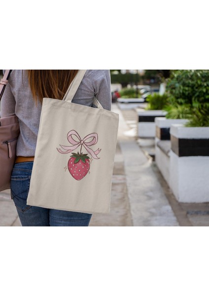 Çilek Coquette Tote Çanta - Estetik Tote Çanta, Tote Çanta, Kanvas Çanta, Estetik Tote Çanta, Coquette Tote Çanta, Kitap Çantası, En Iyi Tote Çanta modelleri