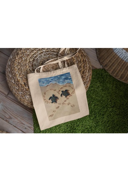 Plajda Kaplumbağalar Tote Çantası - Şirin Tote Çanta, Estetik Tote Çanta, Tote Çanta, Kanvas Çanta, Kitap Çantası, Alışveriş Çantası, En Iyi Tote Çanta