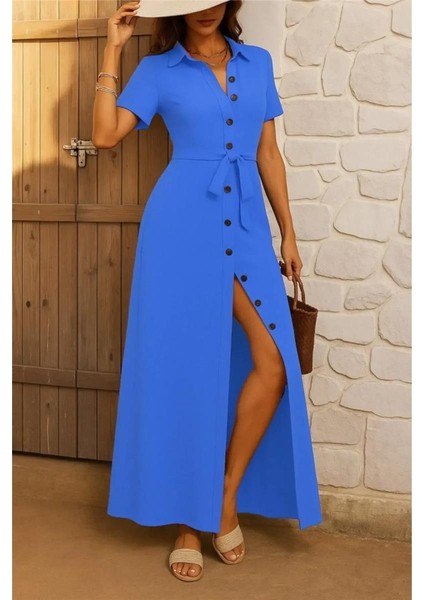 Kadın Kısa Kollu Yakalı Önden Düğmeli Beli Kuşaklı Ithal Keten Elbise