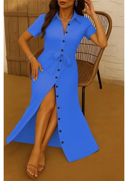 Kadın Kısa Kollu Yakalı Önden Düğmeli Beli Kuşaklı Ithal Keten Elbise fiyatları