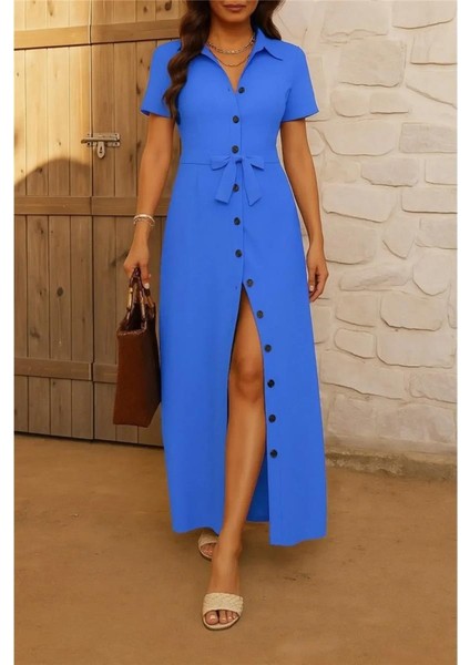 Kadın Kısa Kollu Yakalı Önden Düğmeli Beli Kuşaklı Ithal Keten Elbise modelleri