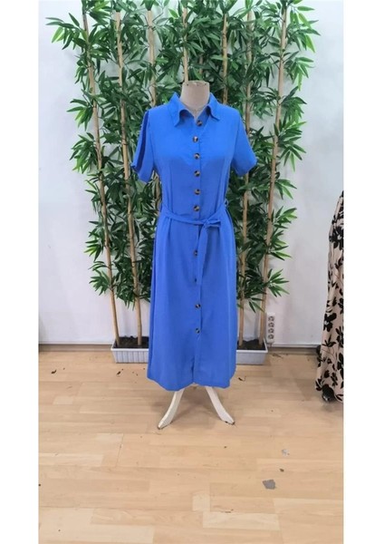 Kadın Kısa Kollu Yakalı Önden Düğmeli Beli Kuşaklı Ithal Keten Elbise fırsatları