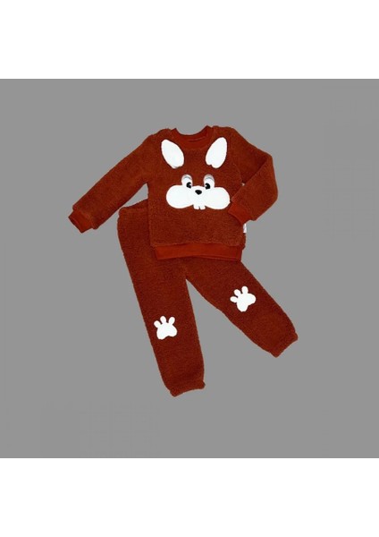 1-2-3 Yaş Kulaklı Tavşan Figürlü Kuzu Kumaş Sweat Pantolon Uzun Kollu Kız Erkek 2 Li Takımı Kahverengi