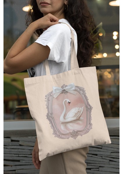 Pembe Fiyonklu Kuğu Tote Çanta - Şirin Tote Çantalar, Kitap Çantası, Estetik Tote Çanta, Kanvas Çanta, Kanvas Tote Çanta, Tote Çanta modelleri