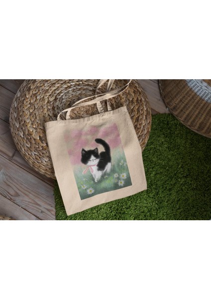 Coquette Black Kitty Tote Çanta - Estetik Tote Çanta, Tote Çanta, Kanvas Çanta, Kanvas Tote Çanta, Siyah Kedi, Pembe Tote Çanta, Kedi Tote Çanta