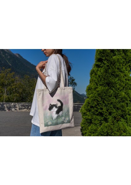 Coquette Black Kitty Tote Çanta - Estetik Tote Çanta, Tote Çanta, Kanvas Çanta, Kanvas Tote Çanta, Siyah Kedi, Pembe Tote Çanta, Kedi Tote Çanta fiyatları