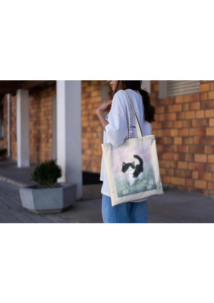 Coquette Black Kitty Tote Çanta - Estetik Tote Çanta, Tote Çanta, Kanvas Çanta, Kanvas Tote Çanta, Siyah Kedi, Pembe Tote Çanta, Kedi Tote Çanta modelleri