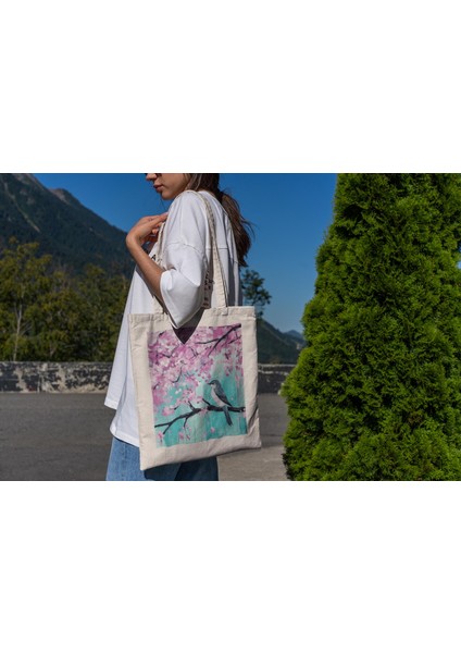 Kiraz Çiçeği Ağacındaki Kuş Tote Çantası - Şirin Tote Çanta, Kitap Çantası, Alışveriş Çantası, Hediye Tote Çanta, Estetik Tote Çanta, Hediye Tote Çanta fiyatları