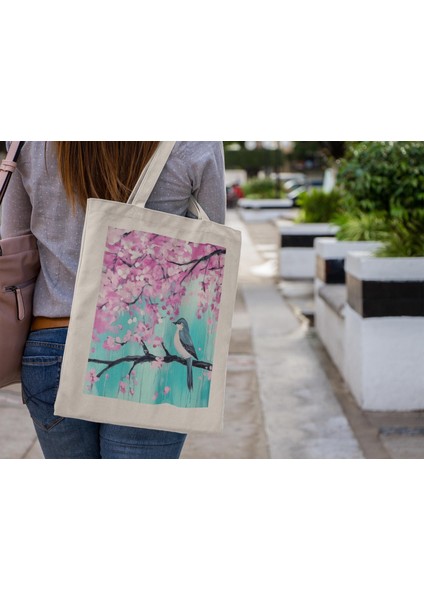 Kiraz Çiçeği Ağacındaki Kuş Tote Çantası - Şirin Tote Çanta, Kitap Çantası, Alışveriş Çantası, Hediye Tote Çanta, Estetik Tote Çanta, Hediye Tote Çanta modelleri