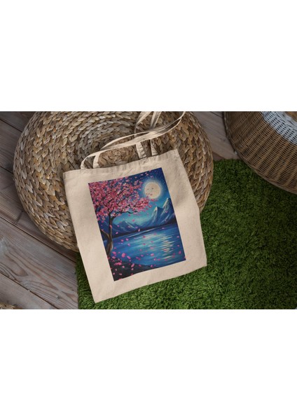 Kiraz Çiçeği Dağ Tote Çantası - Şirin Tote Çanta, Tote Çanta, Estetik Tote Çanta, Kitap Çantası, Alışveriş Çantası, Estetik Tote Çanta, Kanvas Çanta