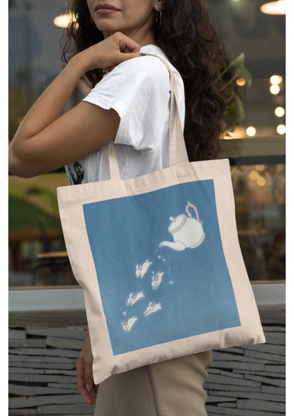 Sihirli Çaydanlık Tavşan Tote Çantası - Kitap Çantası, Kanvas Tote Çanta, Tote Çanta, En Iyi Tote Çanta, Estetik Tote Çanta, Estetik Tote Çanta, Tavşan Tote Çanta modelleri