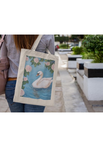 Beyaz Kuğu Gölü Tote Çantası - Şirin Tote Çanta, Estetik Tote Çanta, Tote Çanta, Kanvas Çanta, Kitap Çantası, Tote Çanta, En Iyi Tote Çanta, Kuğu Tote Çanta modelleri