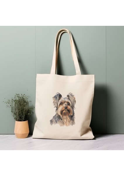 Yorkshire Terrier Köpek Tote Çantası, Suluboya Köpek, %100 Pamuklu Çevre Dostu Alışveriş Çantası, Ömürlük Çanta