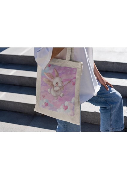 Aşk Tanrısı Tavşan Tote Çantası - Sevimli Tote Çanta, Estetik Tote Çanta, Yeniden Kullanılabilir Çanta, Kanvas Çanta
