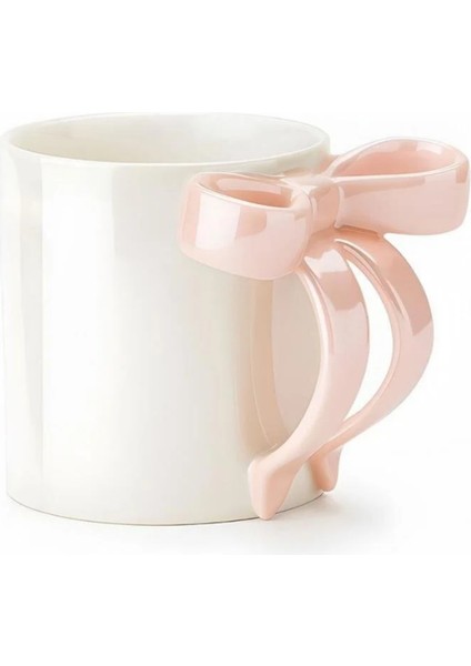 Pembe Kurdele Saplı Sedefli Porselen Kupa | Zarif Şık Tasarım Kahve & Çay Bardağı 340 ml 9x8 cm