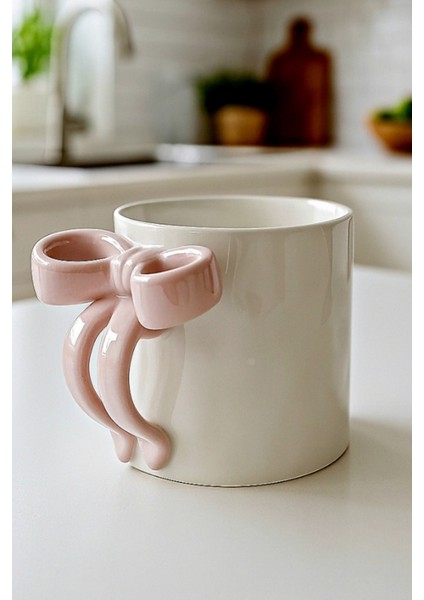 Pembe Kurdele Saplı Sedefli Porselen Kupa | Zarif Şık Tasarım Kahve & Çay Bardağı 340 ml 9x8 cm fiyatları