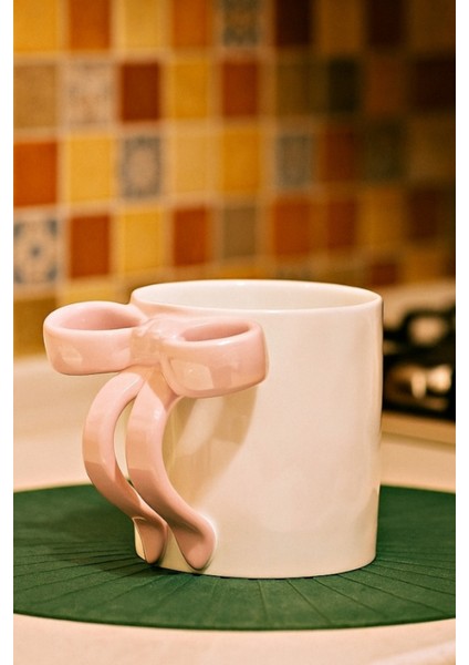 Pembe Kurdele Saplı Sedefli Porselen Kupa | Zarif Şık Tasarım Kahve & Çay Bardağı 340 ml 9x8 cm modelleri