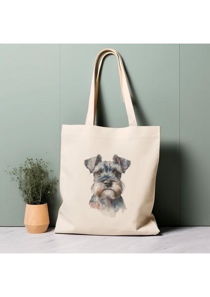 Minyatür Schnauzer Köpek Tote Çantası, Suluboya Köpek, %100 Pamuklu Çevre Dostu Alışveriş Çantası, Ömürlük Çanta
