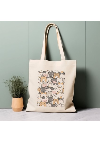 Sevimli Kawaii Kedi Illüstrasyonlu Tote Çanta, %100 Pamuklu Çevre Dostu Alışveriş Çantası, Ömür Boyu Kullanabileceğiniz Çanta