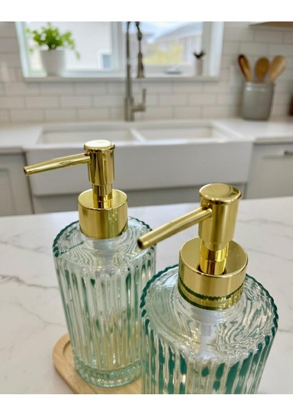 2 Li Gold Luxury Bambu Standlı Cam Sıvı Sabunluk & Deterjanlık – Tezgah Üstü Banyo, Mutfak, Lavabo modelleri