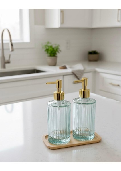 2 Li Gold Luxury Bambu Standlı Cam Sıvı Sabunluk & Deterjanlık – Tezgah Üstü Banyo, Mutfak, Lavabo