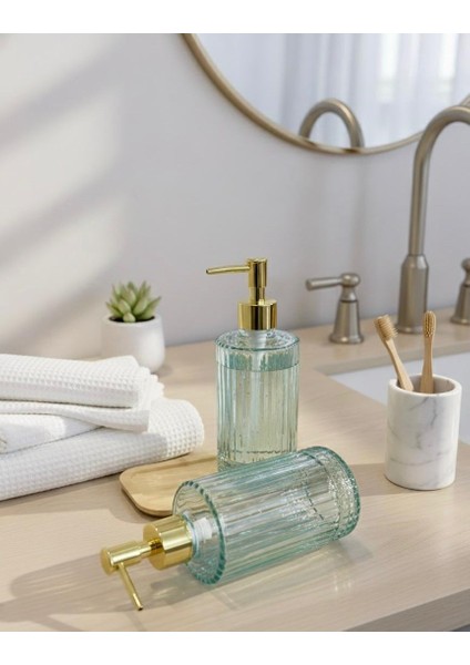 2 Li Gold Luxury Bambu Standlı Cam Sıvı Sabunluk & Deterjanlık – Tezgah Üstü Banyo, Mutfak, Lavabo