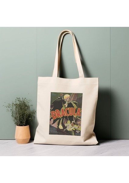 %100 Pamuklu Tote Çanta, Drakula. Vintage Film Posteri. Çevre Dostu Alışveriş Çantası, Ömürlük Çanta.