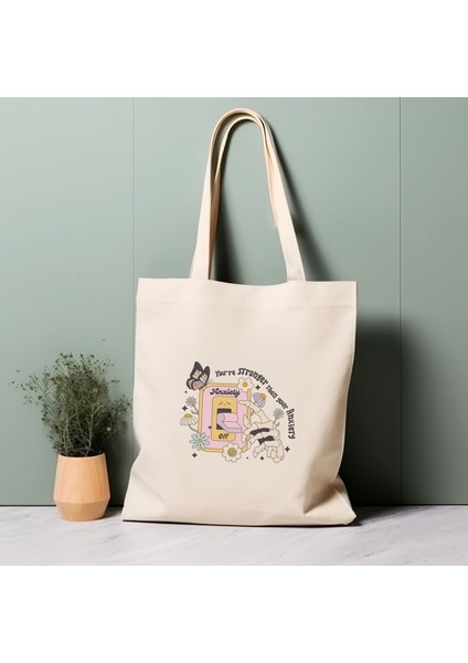 %100 Pamuklu Tote Çanta, Kaygılarınızdan Daha Güçlüsünüz. Olumlu Ruh Sağlığı Sözü, Çevre Dostu Alışveriş Çantası, Ömür Boyu Kullanabileceğiniz Çanta