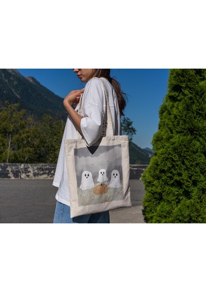 Üç Küçük Hayalet Tote Çantası - Cadılar Bayramı Tote Çantası, Estetik Tote Çantası, Tote Çantası, Sevimli Tote Çantası, Kanvas Çanta, Sonbahar Tote Çantası