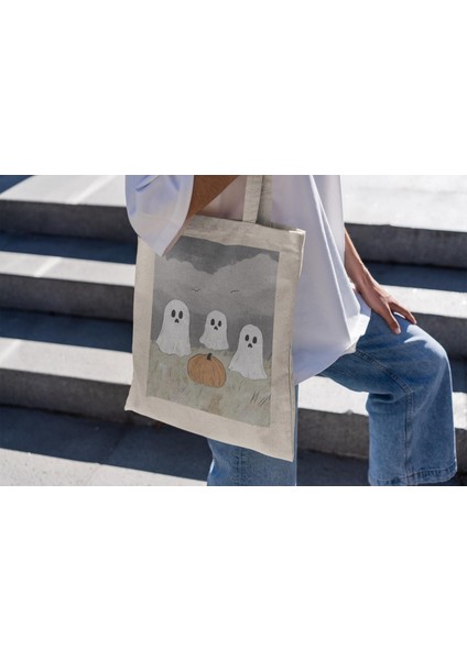 Üç Küçük Hayalet Tote Çantası - Cadılar Bayramı Tote Çantası, Estetik Tote Çantası, Tote Çantası, Sevimli Tote Çantası, Kanvas Çanta, Sonbahar Tote Çantası modelleri