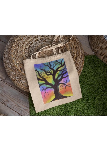Aurora Borealis Ağacı Tote Çantası - Şirin Tote Çantalar, Estetik Tote Çanta, Tote Çanta, Kitap Çantası, Kanvas Tote Çanta, Alışveriş Çantası