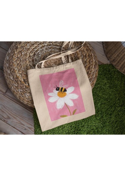 Arı Çiçeği Pembe Tote Çanta - Şirin Tote Çantalar, Estetik Tote Çanta, Hediye Tote Çanta, Kanvas Çanta, Tote Çanta, Kitap Çantası, Alışveriş Çantası, En Iyi Tote Çantalar