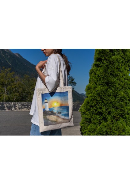 Lighthouse Tote Çanta - Şirin Tote Çantalar, En Iyi Tote Çanta, Tote Çanta, Kanvas Çanta, Kitap Çantası, Estetik Tote Çanta, Estetik Tote Çanta, Alışveriş Çantası
