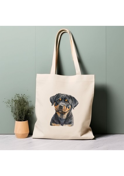 Rottweiler Köpek Tote Çantası, Suluboya Köpek, %100 Pamuklu Çevre Dostu Alışveriş Çantası, Ömürlük Çanta