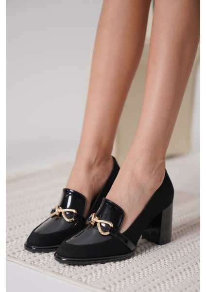 Melly Siyah Rugan Süet Detaylı Kadın Topuklu Ayakkabı