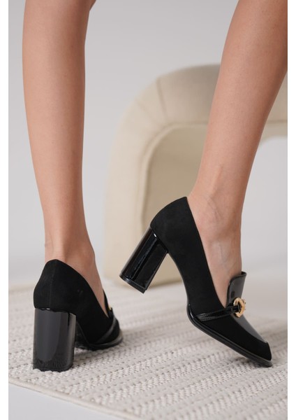 Melly Siyah Rugan Süet Detaylı Kadın Topuklu Ayakkabı