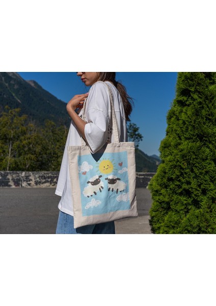 Happy Sheep Tote Çanta - Tote Çanta, Estetik Tote Çanta, Kitap Çantası, Sevimli Tote Çanta, Estetik Tote Çanta, Alışveriş Çantası, Kanvas Çanta