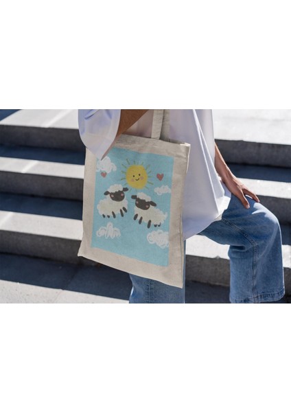 Happy Sheep Tote Çanta - Tote Çanta, Estetik Tote Çanta, Kitap Çantası, Sevimli Tote Çanta, Estetik Tote Çanta, Alışveriş Çantası, Kanvas Çanta modelleri